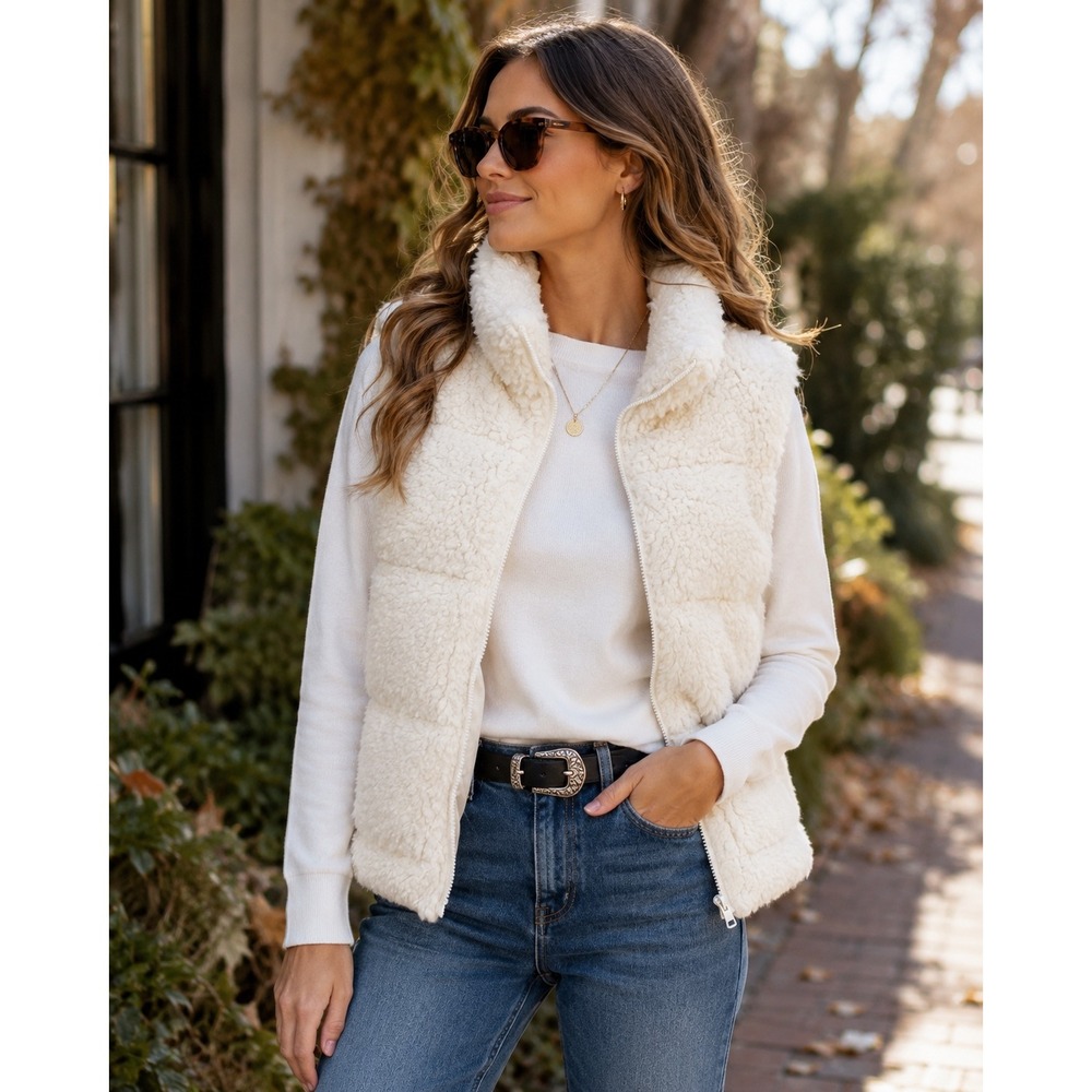Universal Thread Sherpa Fleece Puffer Vest Ivory XXL NWT Zip Front Cozy Winter
